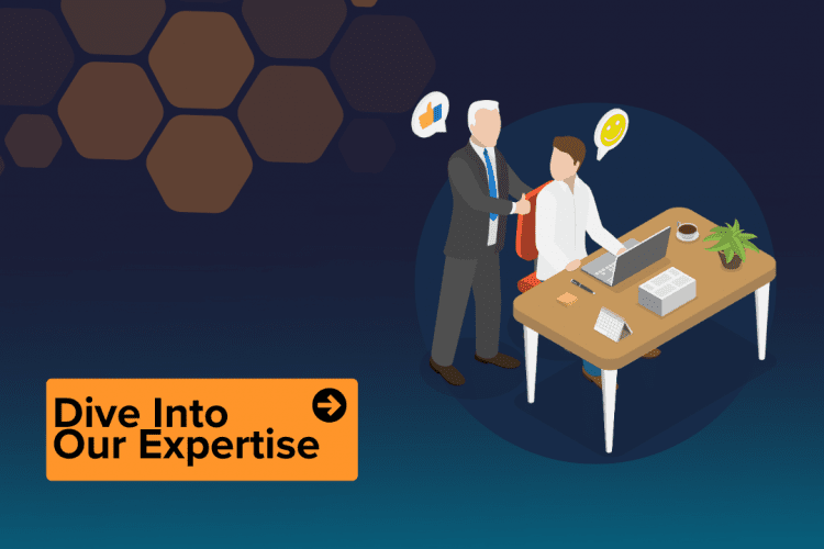 Two male illustrations. One sat at a desk. One stood up. Navy blue background. CTA: Dive into our expertise
